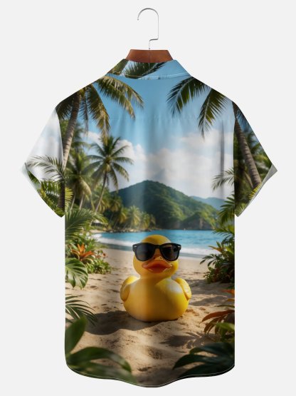 Moisture-wicking Rubber Duck Coconut Trees Beach Chest Pocket Hawaiian Shirt