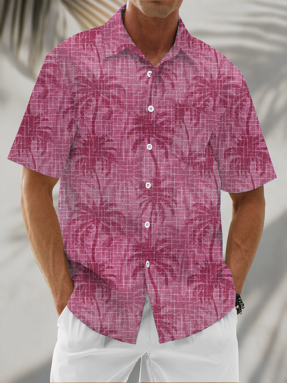 Linen Textured Coconut Tree Chest Pocke Holiday Hawaiian Shirt