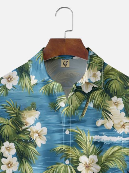 Moisture-wicking Tropical Palm Tree Floral Chest Pocket Hawaiian Shirt