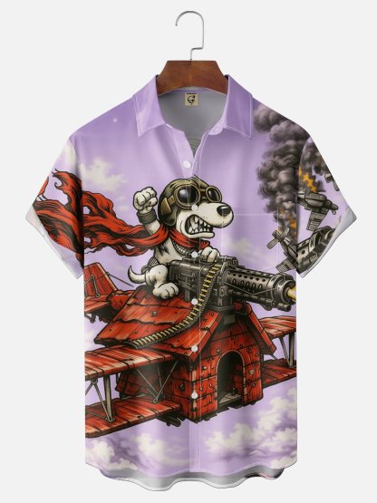 Tall Size Moisture-Wicking Abstract Airplane Dog Pattern and Chest Pocket Holiday Hawaiian Shirt