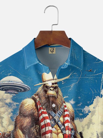Tall Size Moisture-wicking Cowboy Bigfoot vs. UFO Chest Pocket Hawaiian Shirt