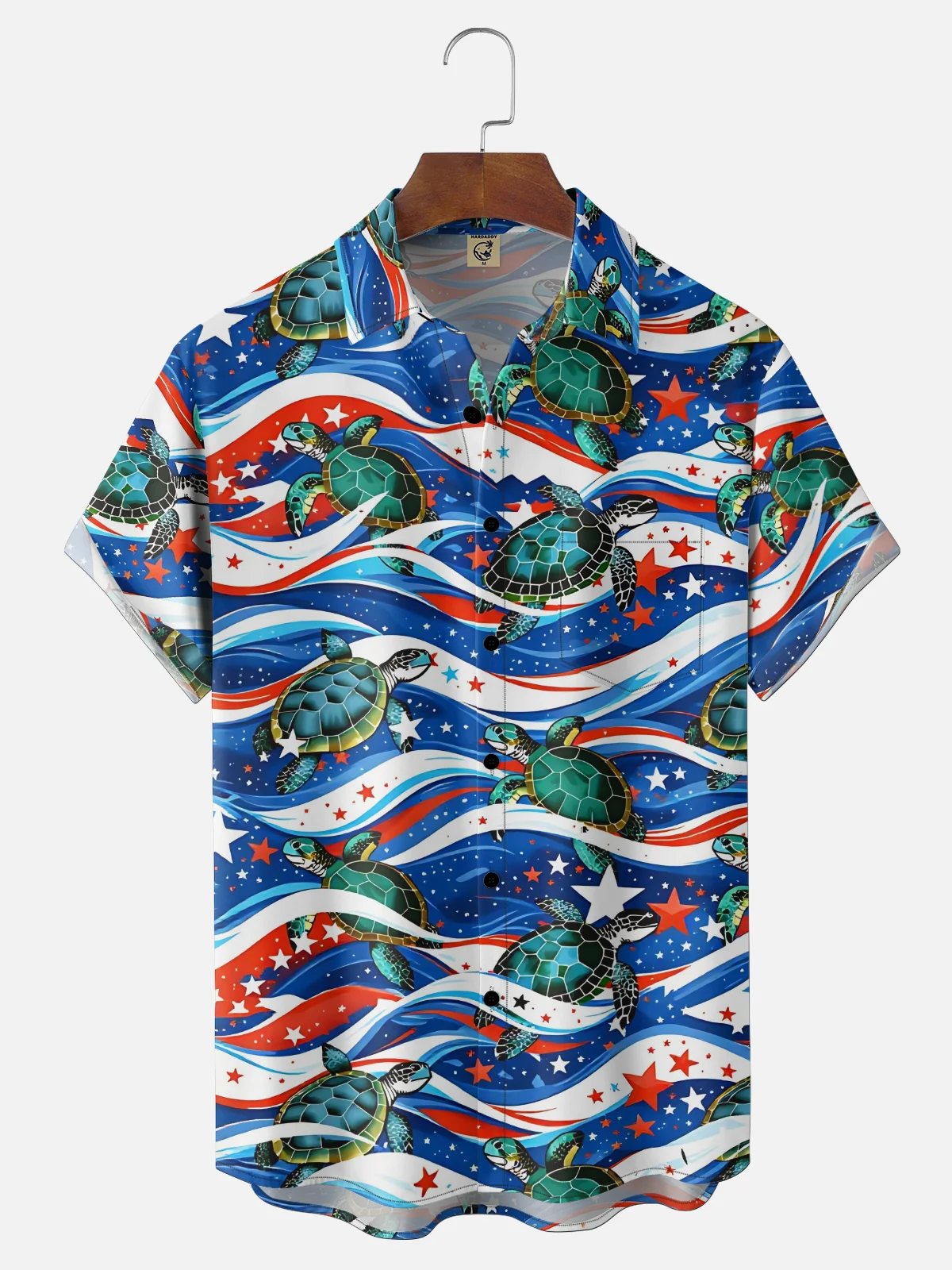 Moisture-Wicking US Independence Day Themed Flag Waves & Sea Turtles Chest Pocket  Hawaiian Shirt