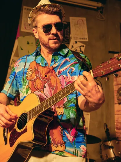 Flamingo Chest Pocket Short Sleeve Hawaiian Shirt