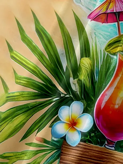 Moisture Wicking Cocktail Parrot Beach Coconut Tree Chest Pocket Hawaiian Shirt