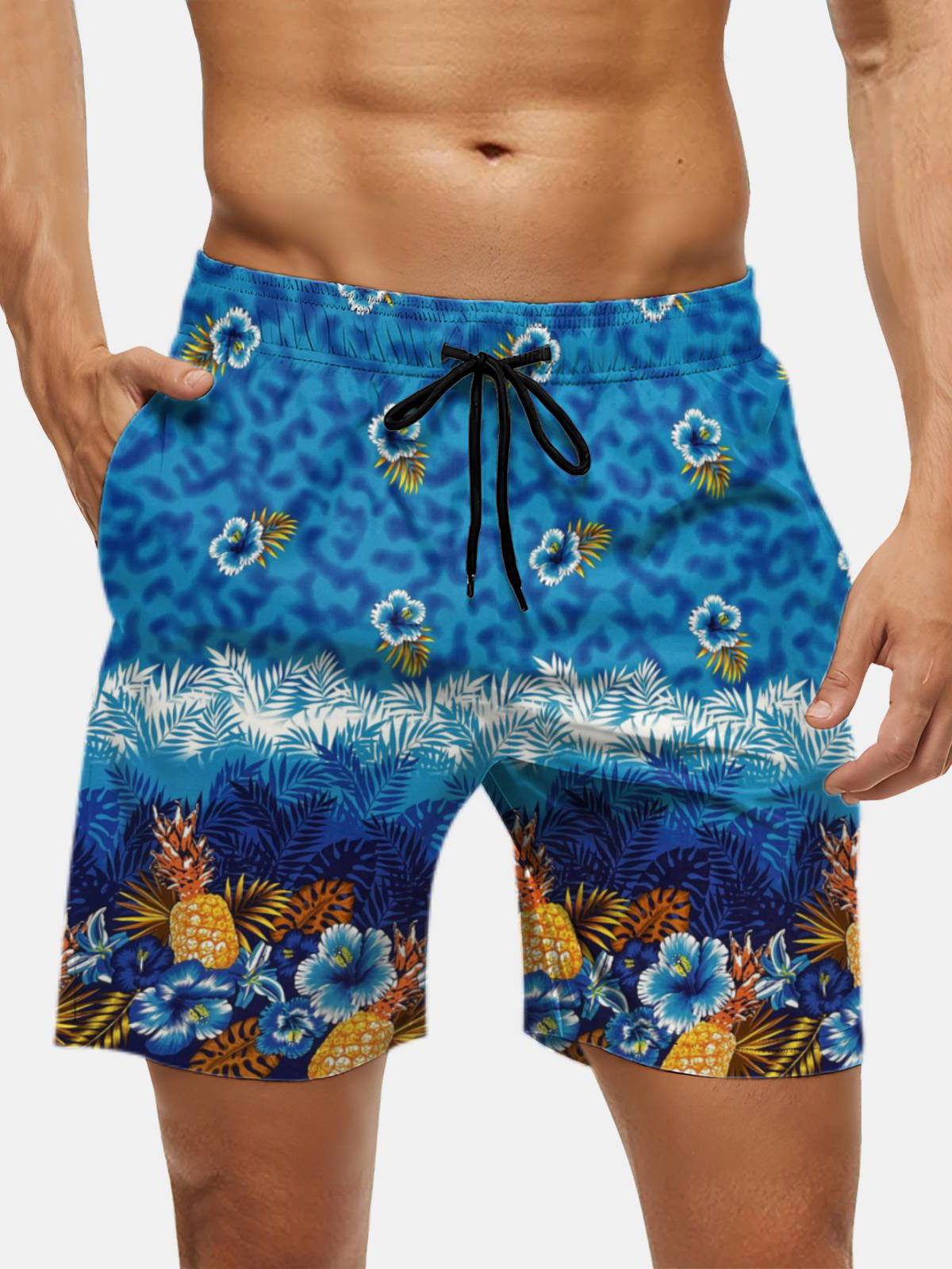 Men's Swim Trunks Hawaiian Tropical Palm Tree Floral Beach Shorts with Pockets