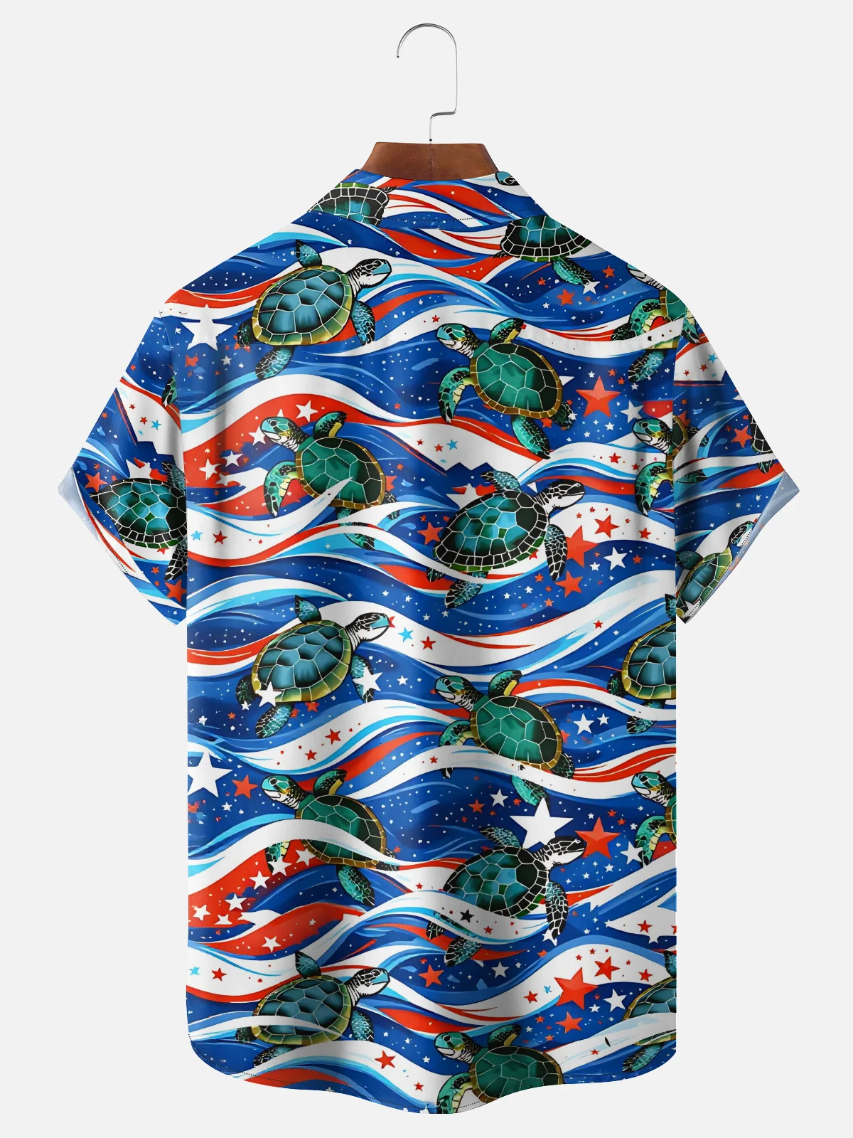 Moisture-Wicking US Independence Day Themed Flag Waves & Sea Turtles Chest Pocket  Hawaiian Shirt