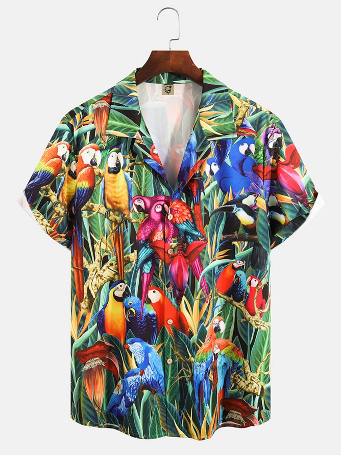 Hardaddy Mens Parrot Print Retro Breathable Hawaiian Shirt