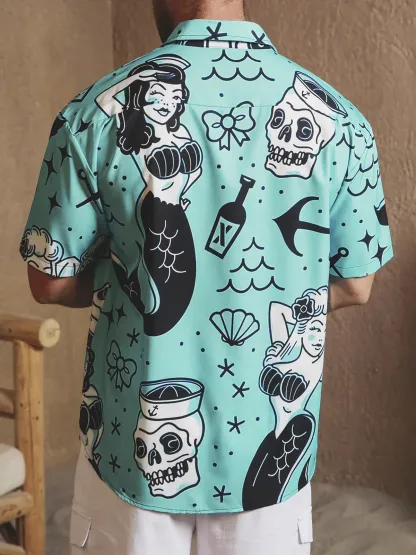 Mermaid Chest Pocket Short Sleeve Hawaiian Shirt