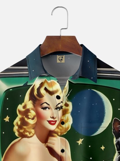 Moisture-wicking Halloween Retro Beauty Pumpkin Chest Pocket Hawaiian Shirt