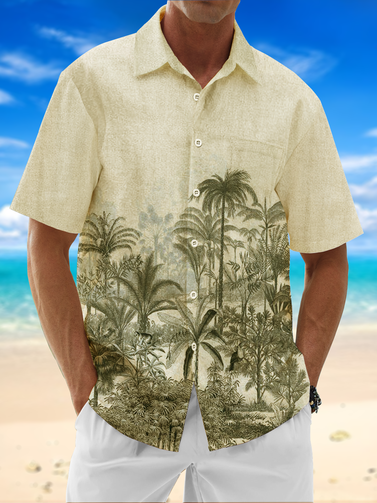 Moisture Wicking Coconut Tree Botanical Chest Pocket Hawaiian Shirt