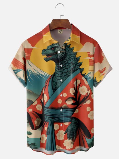 Moisture Wicking Ukiyo-e Dinosaur Chest Pocket Hawaiian Shirt