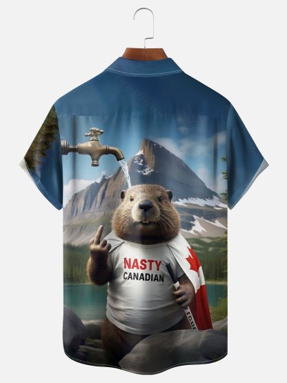 Moisture Wicking Canada Day Fun Beaver Chest Pocket Hawaiian Shirt
