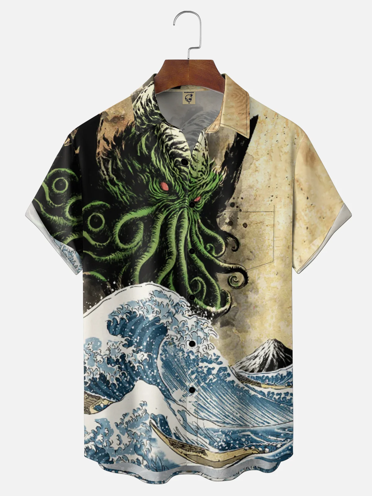 Moisture Wickin Japanese Ukiyo-e Cthulhu Octopus Chest Pocket Holiday Hawaiian Shirt