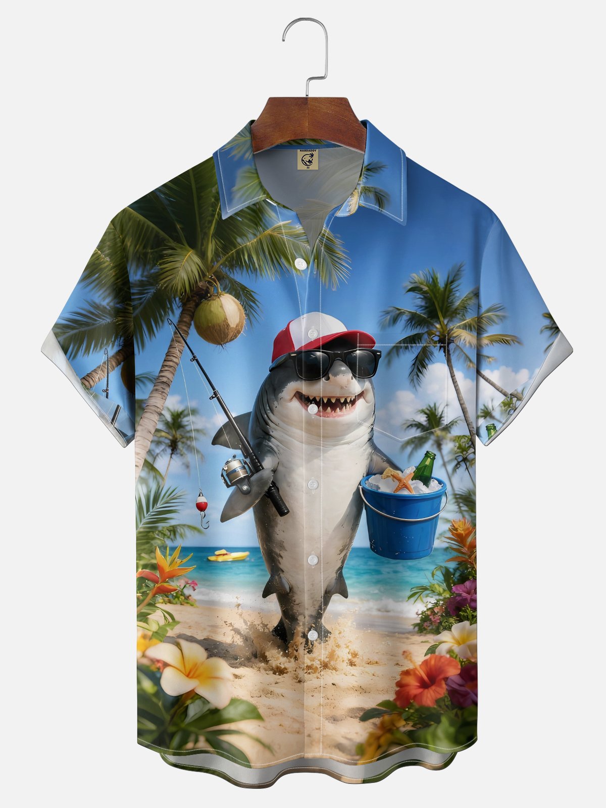 Moisture-wicking Shark Beach Coconut Tree Chest Pocket Hawaiian Shirt