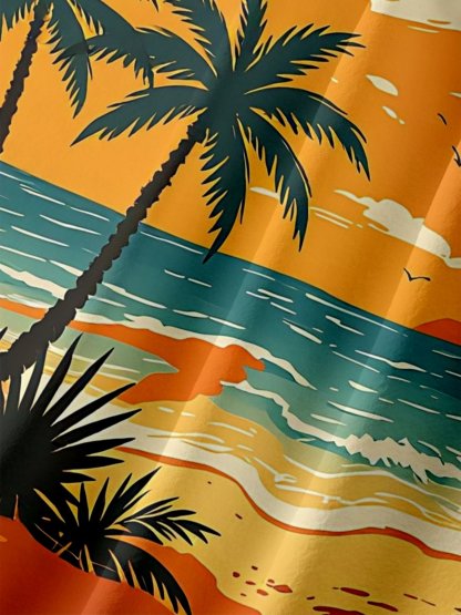 Moisture-Wicking Gradient Coconut Trees Beach And Bigfoot Print Chest Pocket Hawaiian Shirt