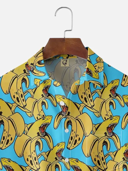 Moisture Wicking Banana Shark Chest Pocket Hawaiian Shirt