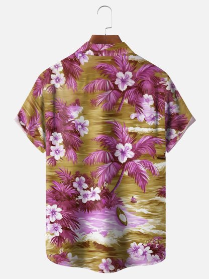 Moisture-wicking Tropical Palm Tree Floral Chest Pocket Hawaiian Shirt