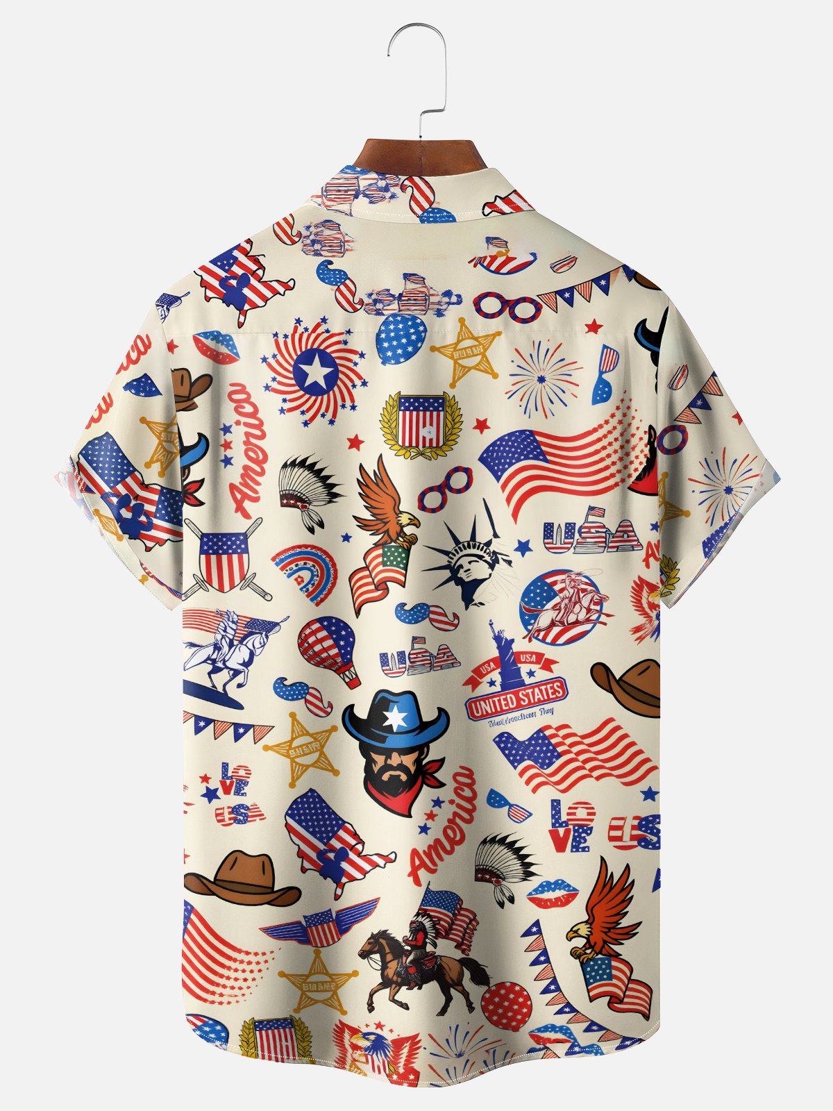 Moisture-Wicking  U.S. Independence Day Commemorative Edition Western Cowboy Flag and Bald Eagle Design with Chest Pocket Holiday Hawaiian Shirt