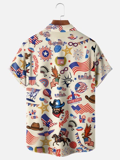 Moisture-Wicking  U.S. Independence Day Commemorative Edition Western Cowboy Flag and Bald Eagle Design with Chest Pocket Holiday Hawaiian Shirt
