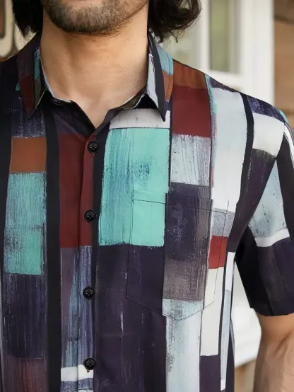 Hawaiian Retro Geometric Abstract Elements Men's Casual Short-sleeved Shirt