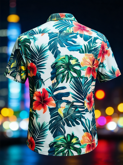 Moisture-Wicking Botanical Floral Chest Pocket Holiday Hawaiian Shirt
