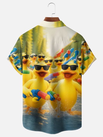 Moisture-Wicking Fun Pool Duck Chest Pocket Holiday Hawaiian Shirt
