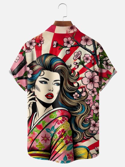 Moisture Wicking Ukiyo-e American Girl Chest Pocket Hawaiian Shirt