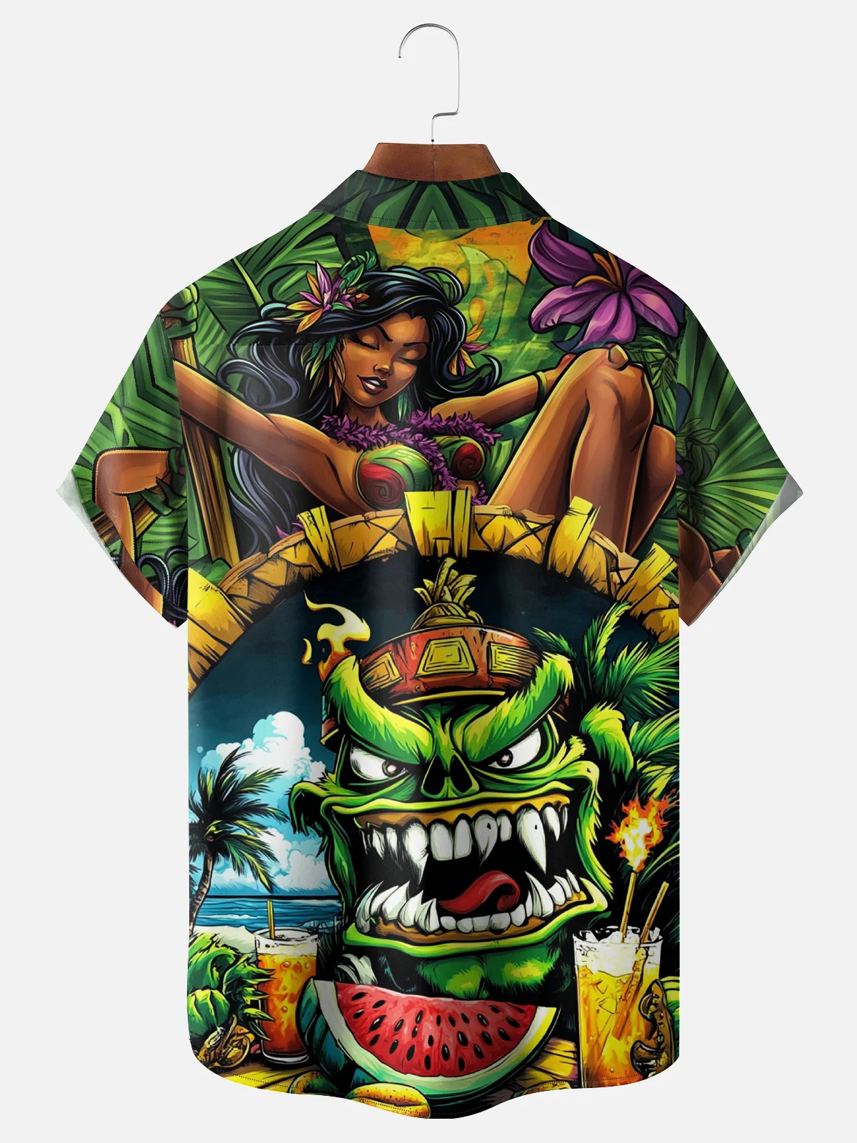 Moisture-wicking Tropical Hula Girl Tiki Chest Pocket Hawaiian Shirt