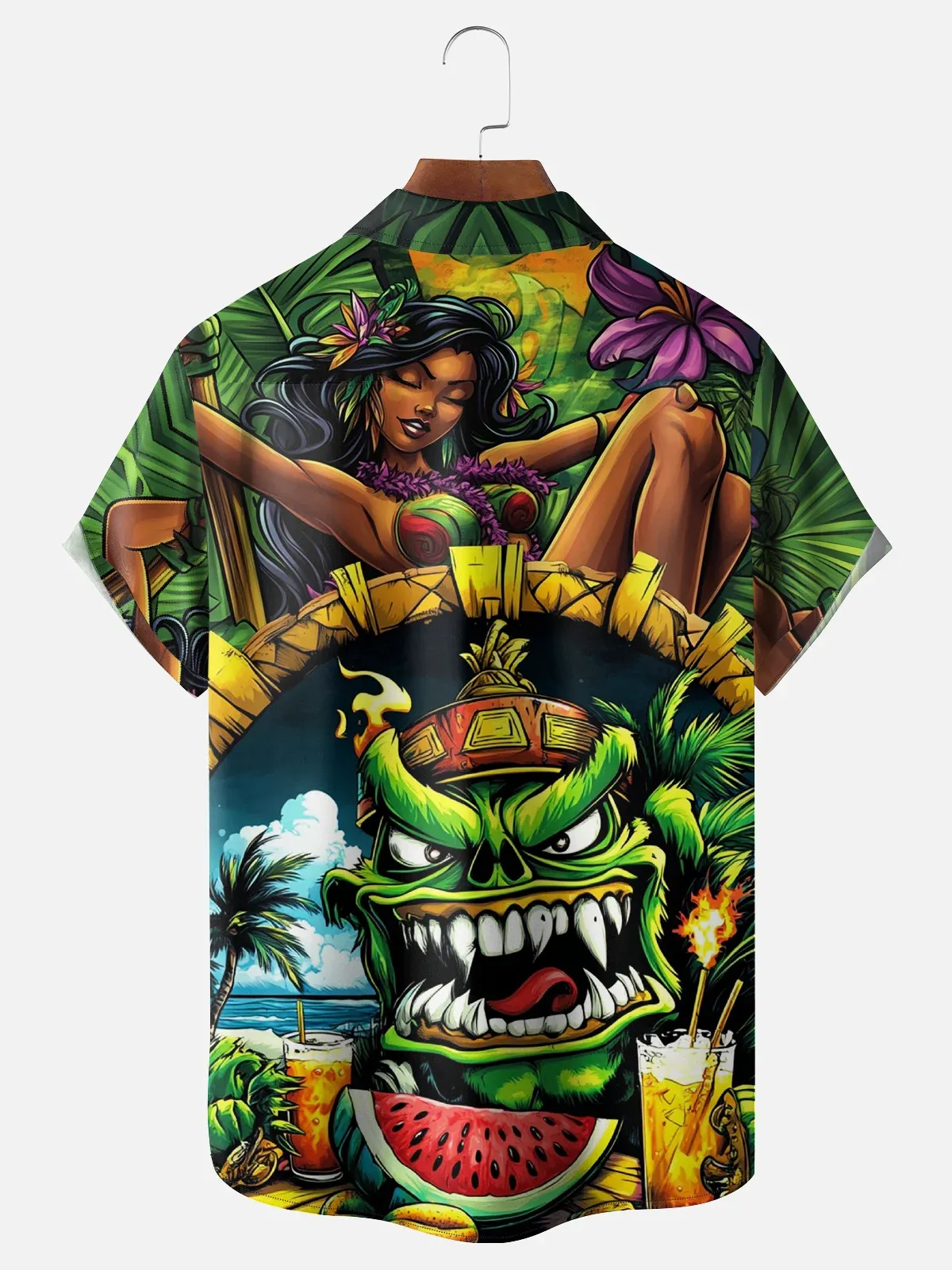 Moisture-wicking Tropical Hula Girl Tiki Chest Pocket Hawaiian Shirt