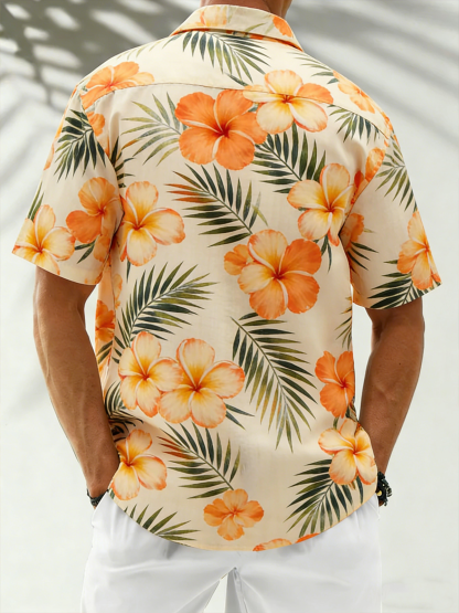 Linen-Texture Botanical Floral Chest Pocket Holiday Hawaiian Shirt