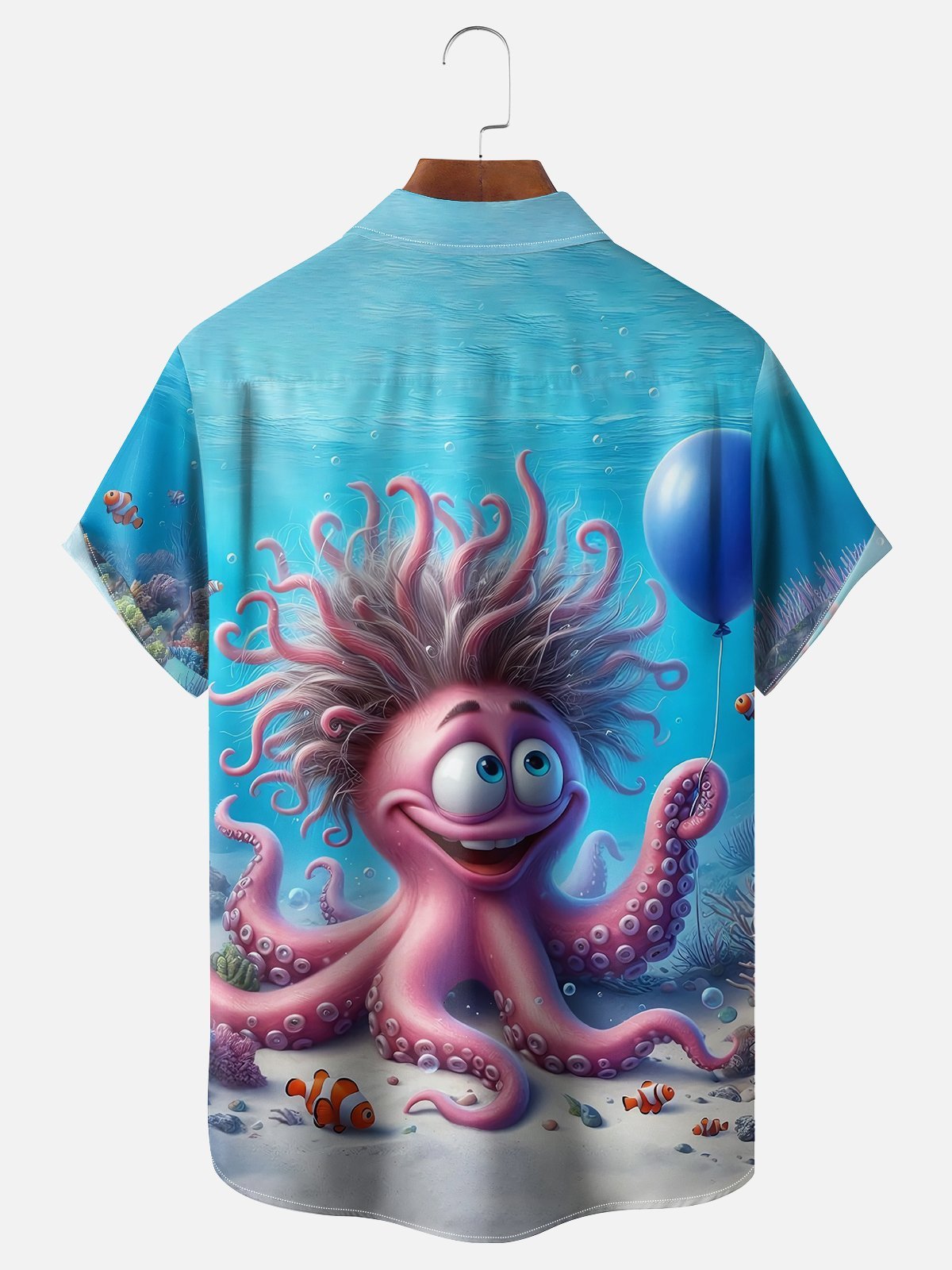 Moisture-wicking Ocean Octopus Balloon Blue Chest Pocket Hawaiian Shirt
