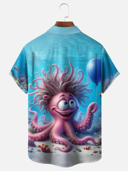 Moisture-wicking Ocean Octopus Balloon Blue Chest Pocket Hawaiian Shirt