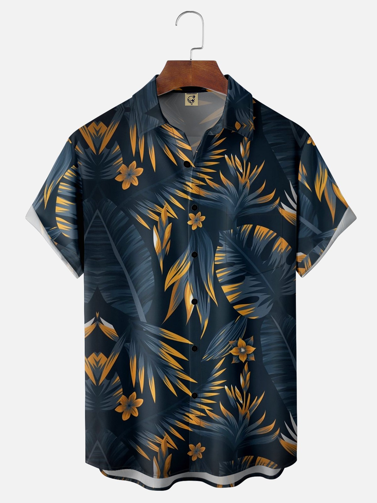 Mens Hawaiian Leaves Print Lapel Loose Chest Pockets Short Sleeve Funky Aloha Shirt