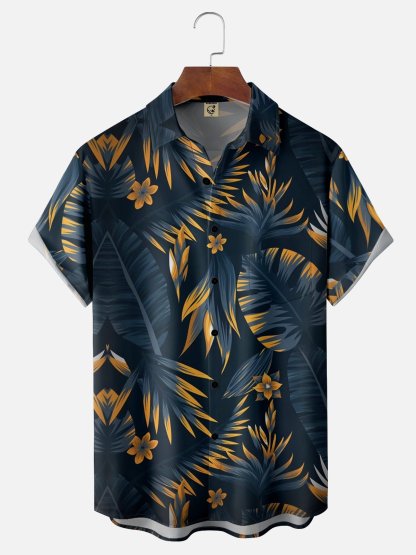 Mens Hawaiian Leaves Print Lapel Loose Chest Pockets Short Sleeve Funky Aloha Shirt