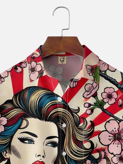 Moisture Wicking Ukiyo-e American Girl Chest Pocket Hawaiian Shirt