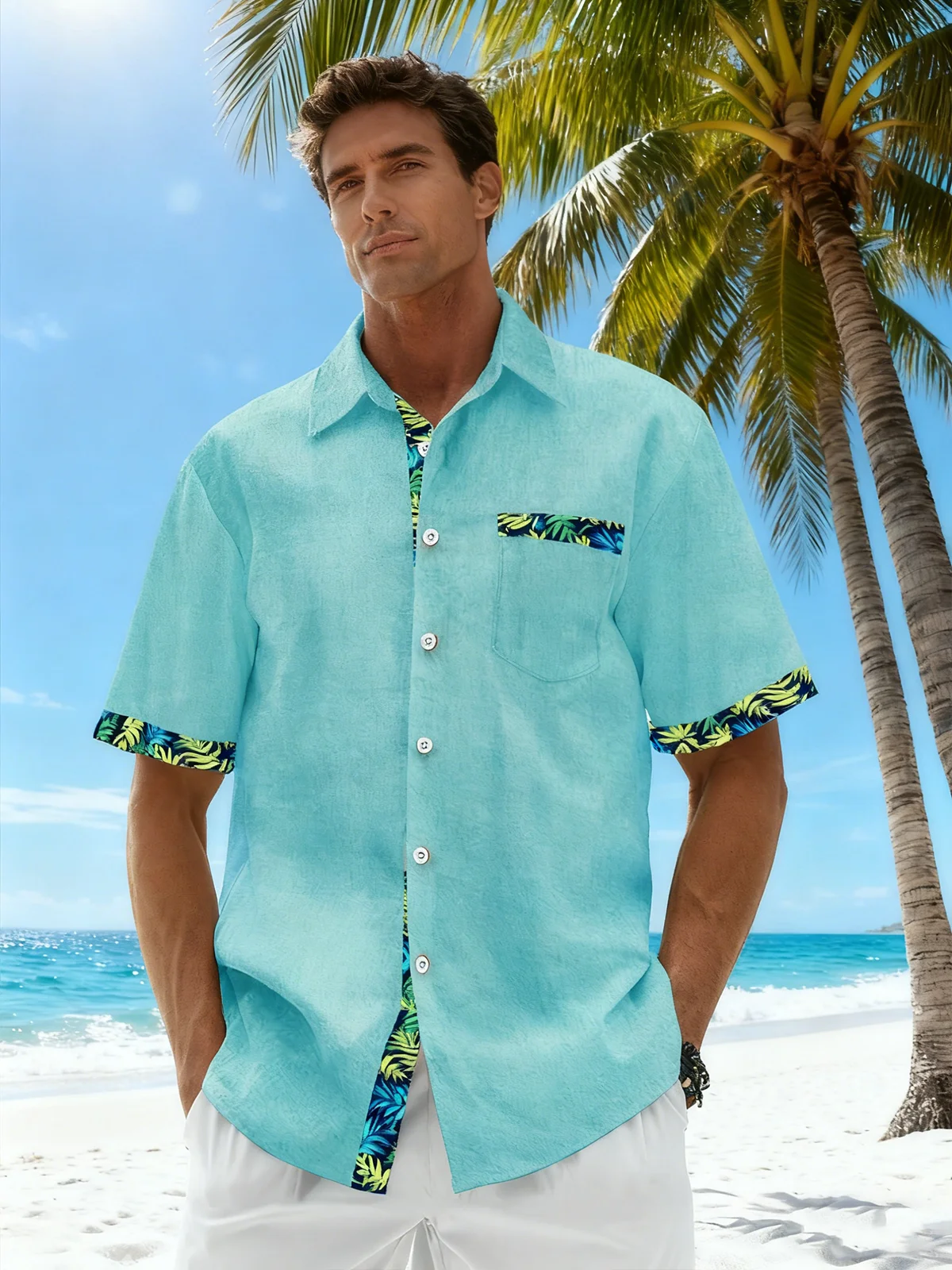 Linen Texture Plant Based Solid Color Patchwork Chest Pocket Holiday Hawaiian Shirt