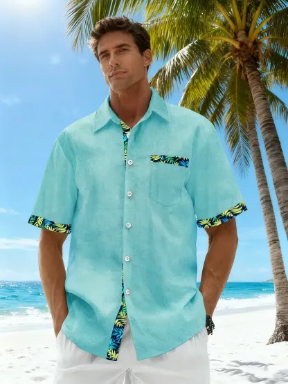 Linen Texture Plant Based Solid Color Patchwork Chest Pocket Holiday Hawaiian Shirt