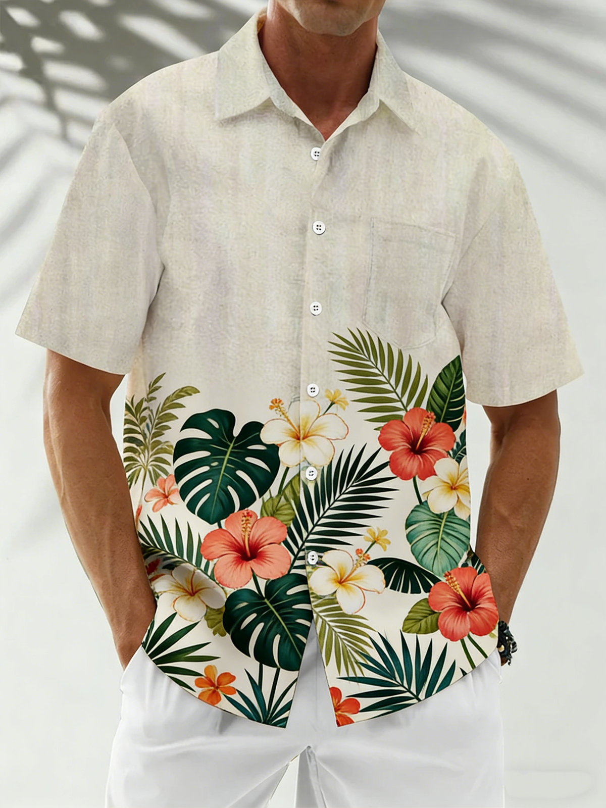 Linen-Texture Botanical Floral Chest Pocket Holiday Hawaiian Shirt