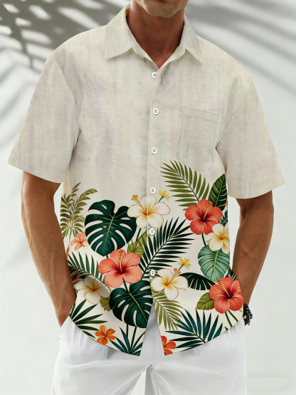 Linen-Texture Botanical Floral Chest Pocket Holiday Hawaiian Shirt
