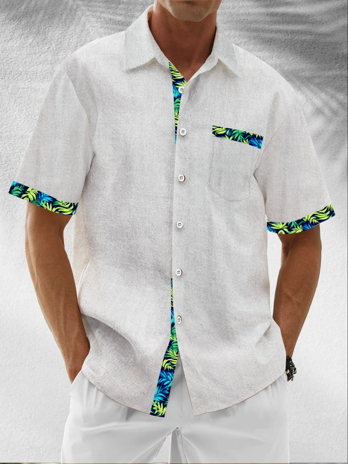 Linen Texture Plant Based Solid Color Patchwork Chest Pocket Holiday Hawaiian Shirt