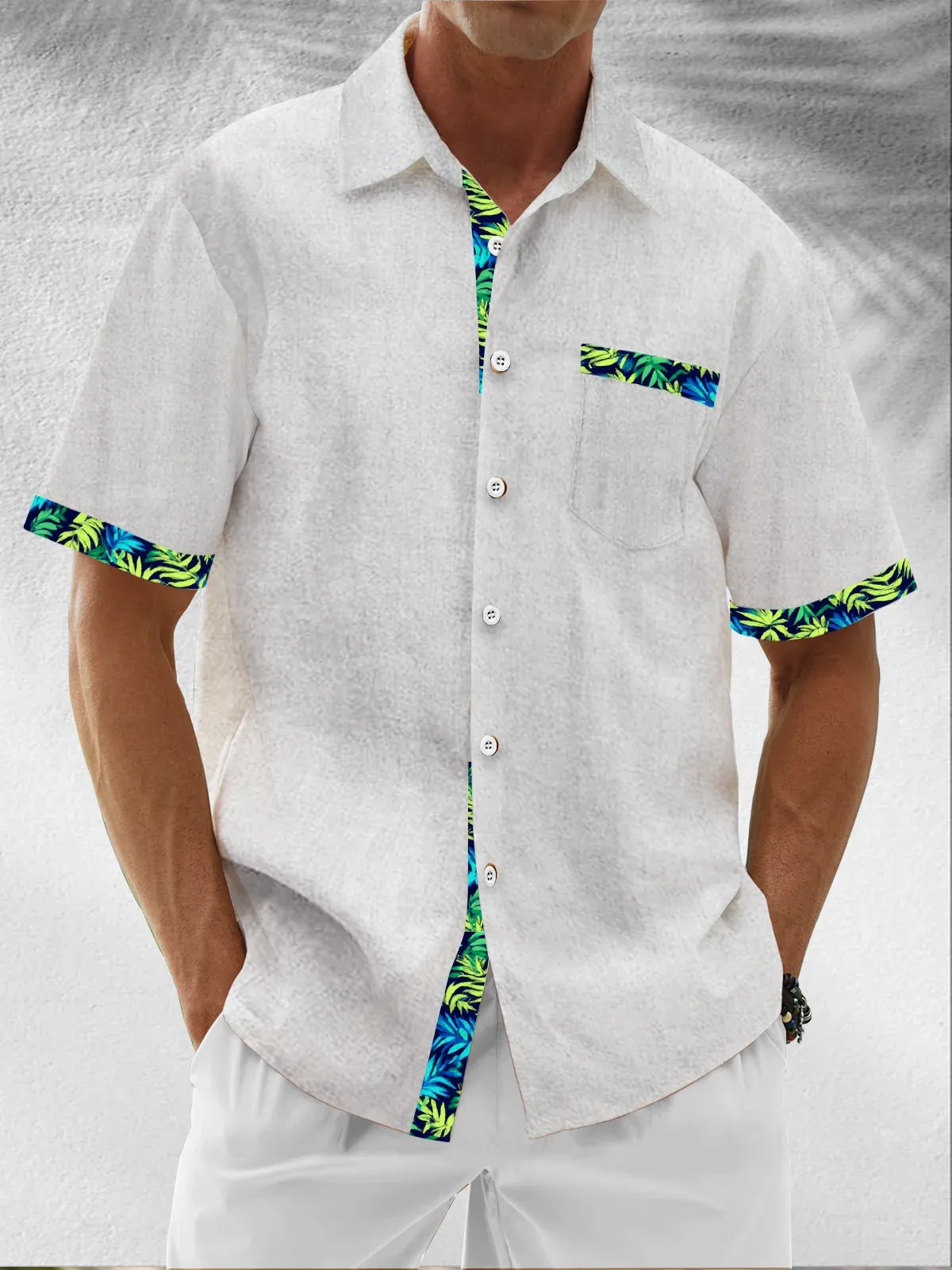 Linen Texture Plant Based Solid Color Patchwork Chest Pocket Holiday Hawaiian Shirt