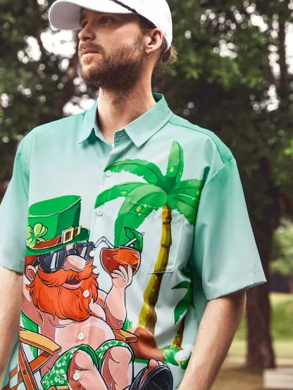 Hawaiian Button Up Shirt for Men Green St. Patrick's Day Lucky Clover Regular Fit Short Sleeve Shirt St Paddy's Day Shirt