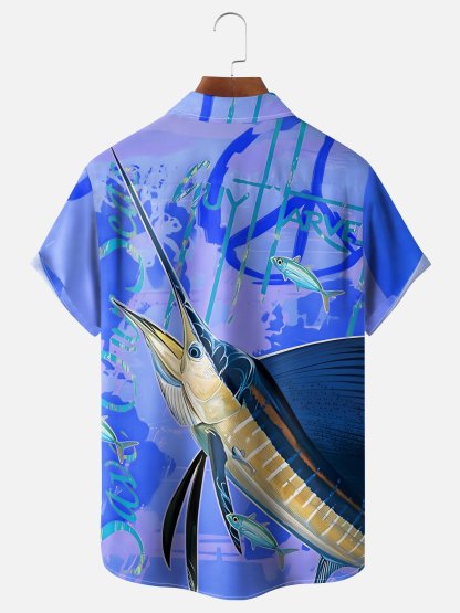 Moisture-wicking Swordfish Ocean Chest Pocket Hawaiian Shirt