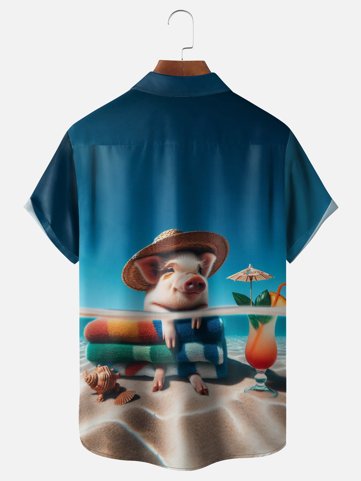 Moisture Wicking Fun Beach Vacation Pig Design Holiday Chest Pocket Hawaiian Shirt