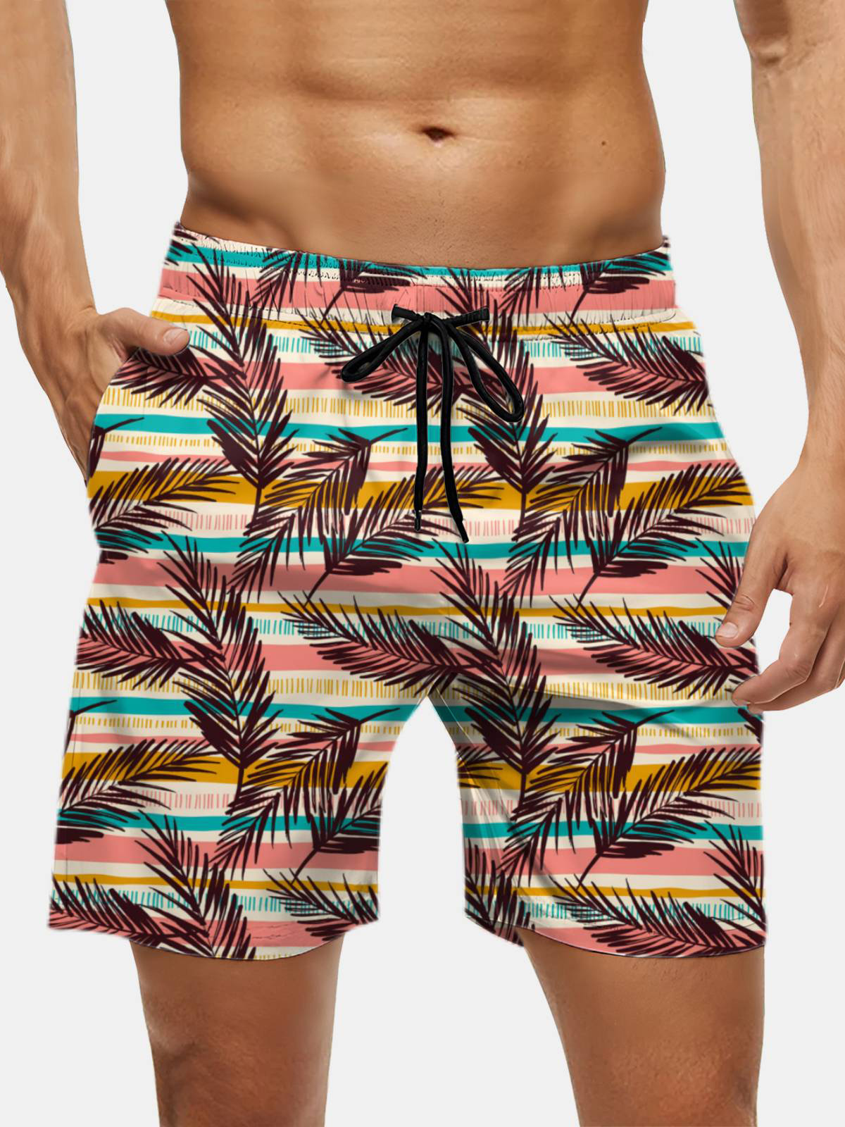 Men's Swim Trunks Hawaiian Tropical Leaves Striped Beach Shorts with Pockets