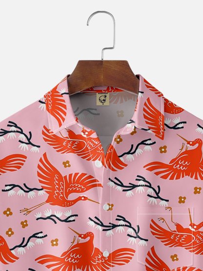 Moisture Wicking Ukiyo-e Crane Chest Pocket Hawaiian Shirt