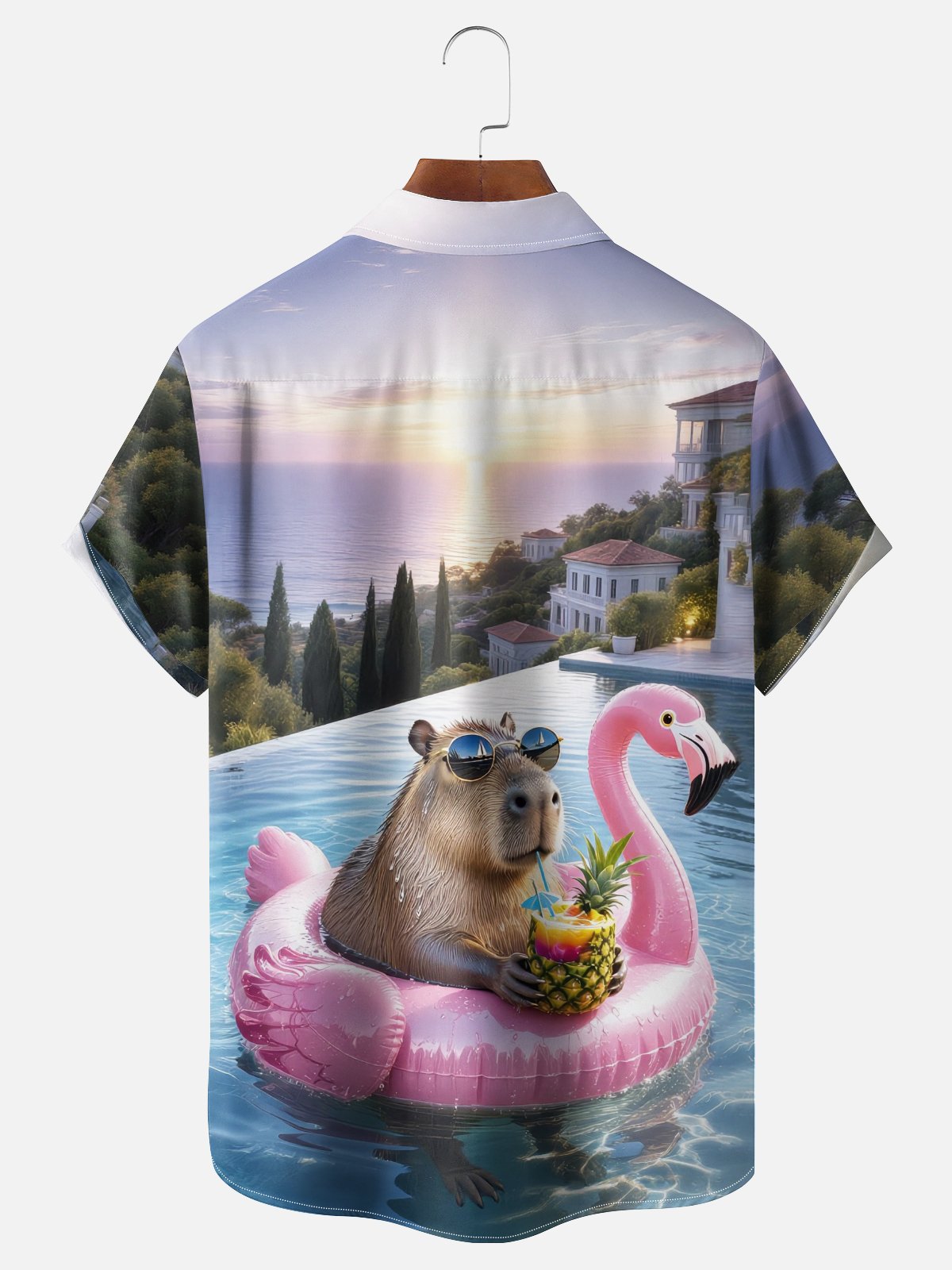 Moisture Wicking Fun Pool Themed Flamingo Capybara Chest Pocket Hawaiian Shirt