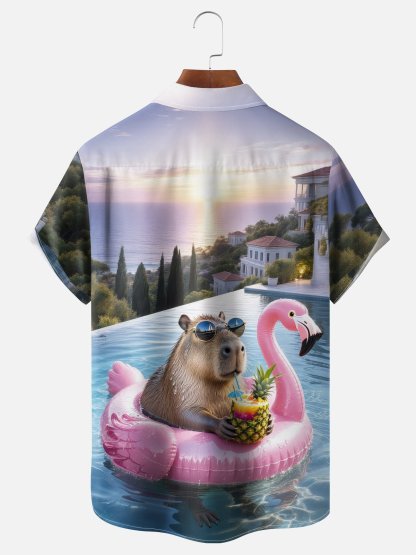 Moisture Wicking Fun Pool Themed Flamingo Capybara Chest Pocket Hawaiian Shirt