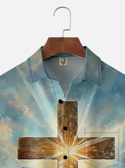 Moisture-wicking Easter Bunny Rabbit Eggs Cross Chest Pocket Casual Shirt