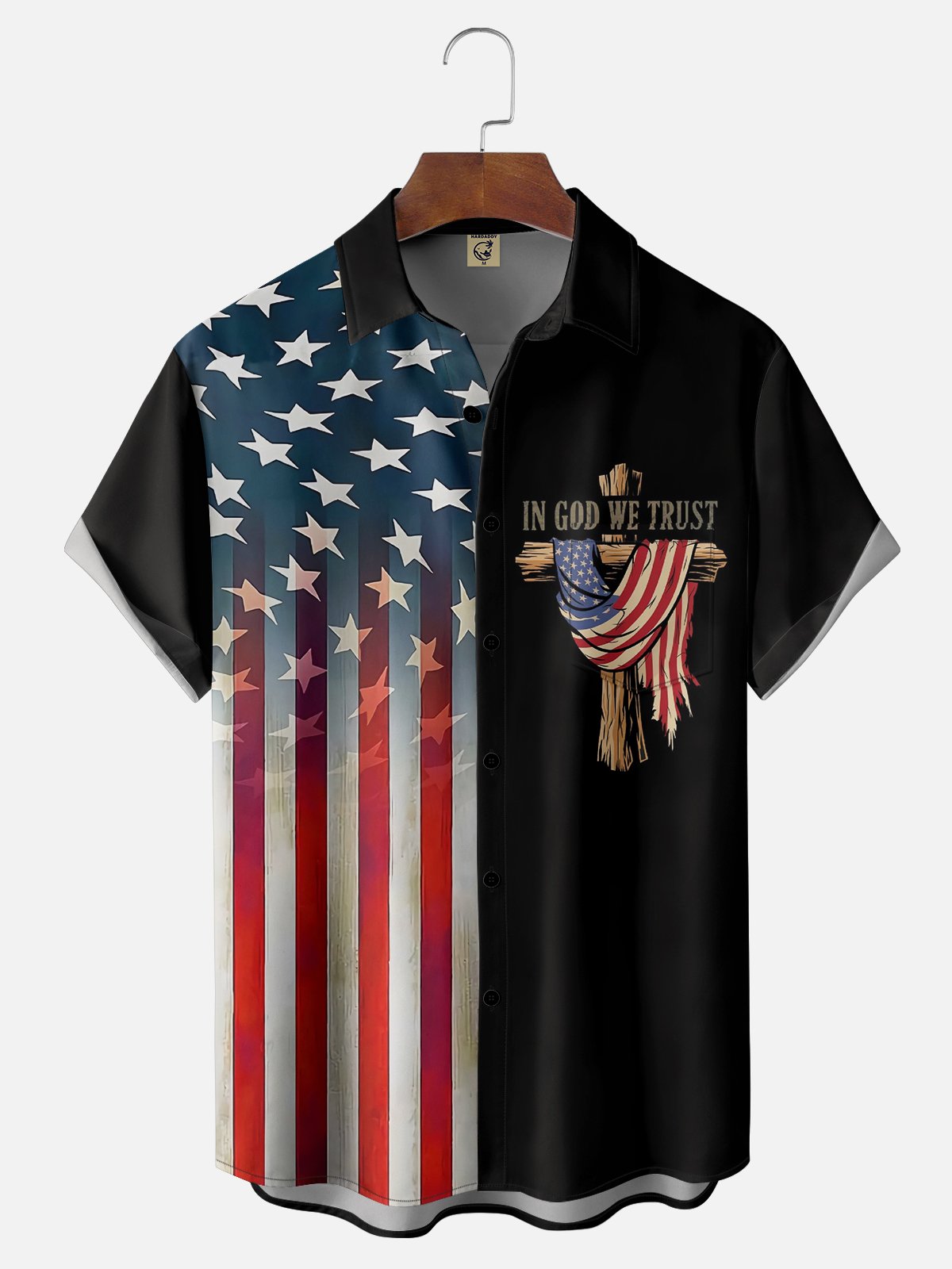 Moisture Wicking American Flag Cross IN GOD WE TRUST Patriotic Chest Pocket Hawaiian Shirt